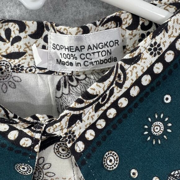 Sopheap Angkor Mens XL Elephant Print Green Ivory Button up Shirt woven - Picture 3 of 15